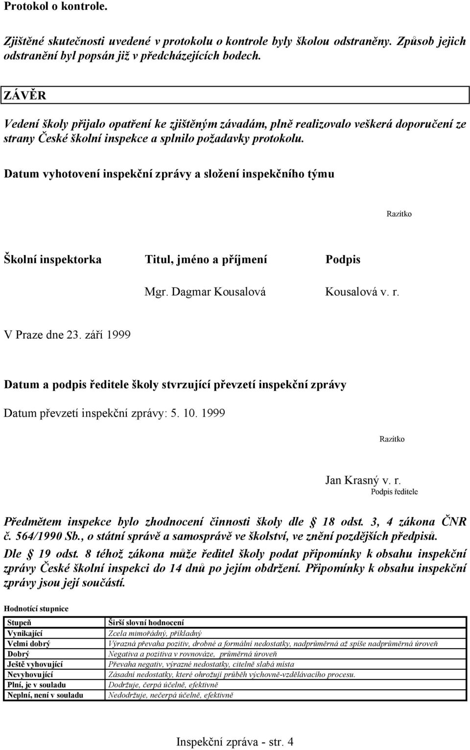 Datum vyhotovení inspekční zprávy a složení inspekčního týmu Razítko Školní inspektorka Titul, jméno a příjmení Podpis Mgr. Dagmar Kousalová Kousalová v. r. V Praze dne 23.