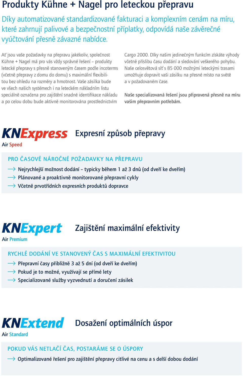 Ať jsou vaše požadavky na přepravu jakékoliv, společnost Kühne + Nagel má pro vás vždy správné řešení produkty letecké přepravy s přesně stanoveným časem podle incoterms (včetně přepravy z domu do