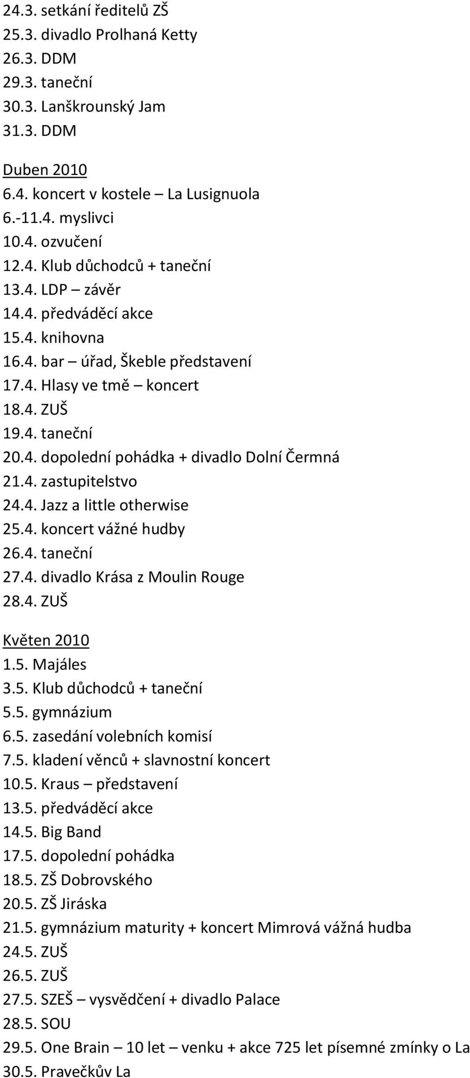 4. Jazz a little otherwise 25.4. koncert vážné hudby 26.4. taneční 27.4. divadlo Krása z Moulin Rouge 28.4. ZUŠ Květen 2010 1.5. Majáles 3.5. Klub důchodců + taneční 5.5. gymnázium 6.5. zasedání volebních komisí 7.