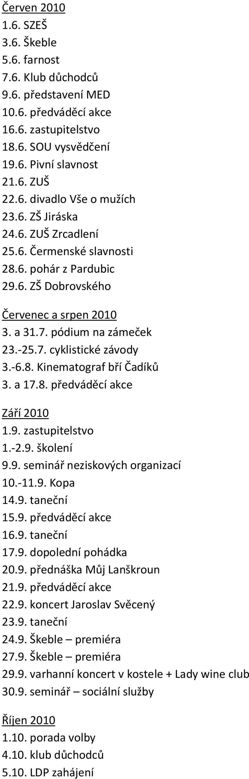 a 17.8. předváděcí akce Září 2010 1.9. zastupitelstvo 1.-2.9. školení 9.9. seminář neziskových organizací 10.-11.9. Kopa 14.9. taneční 15.9. předváděcí akce 16.9. taneční 17.9. dopolední pohádka 20.9. přednáška Můj Lanškroun 21.