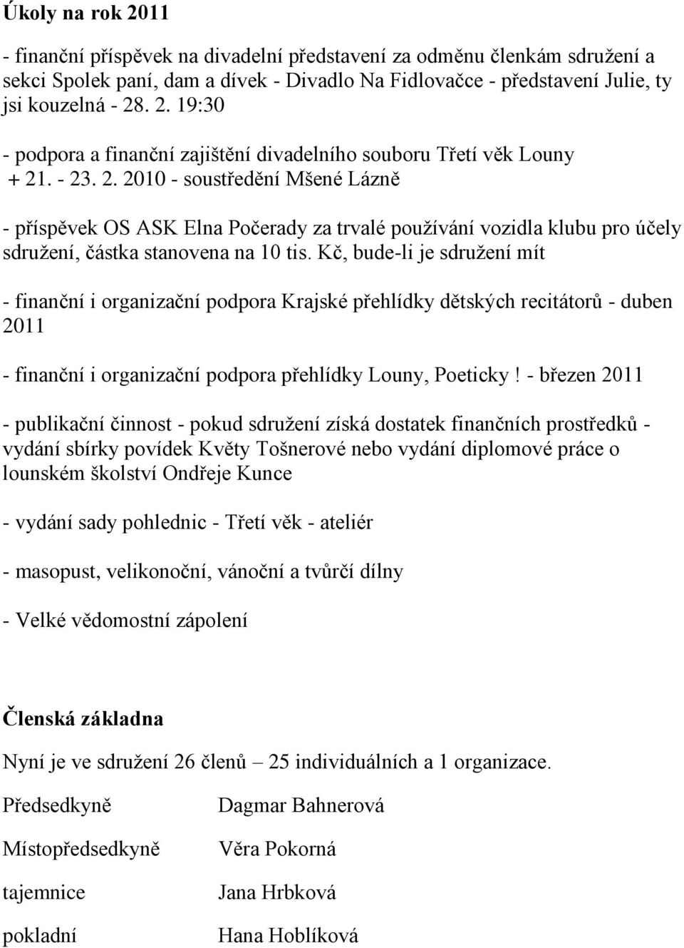 Kč, bude-li je sdružení mít - finanční i organizační podpora Krajské přehlídky dětských recitátorů - duben 2011 - finanční i organizační podpora přehlídky Louny, Poeticky!