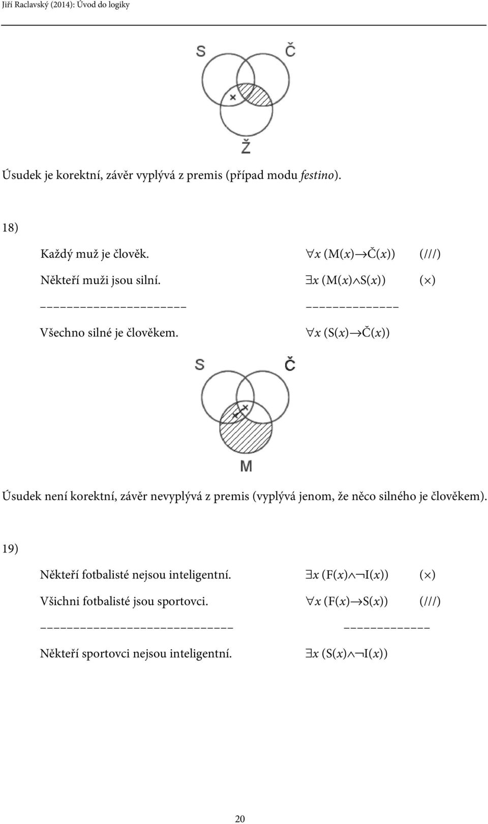 x (S(x) Č(x)) Úsudek není korektní, závěr nevyplývá z premis (vyplývá jenom, že něco silného je člověkem).