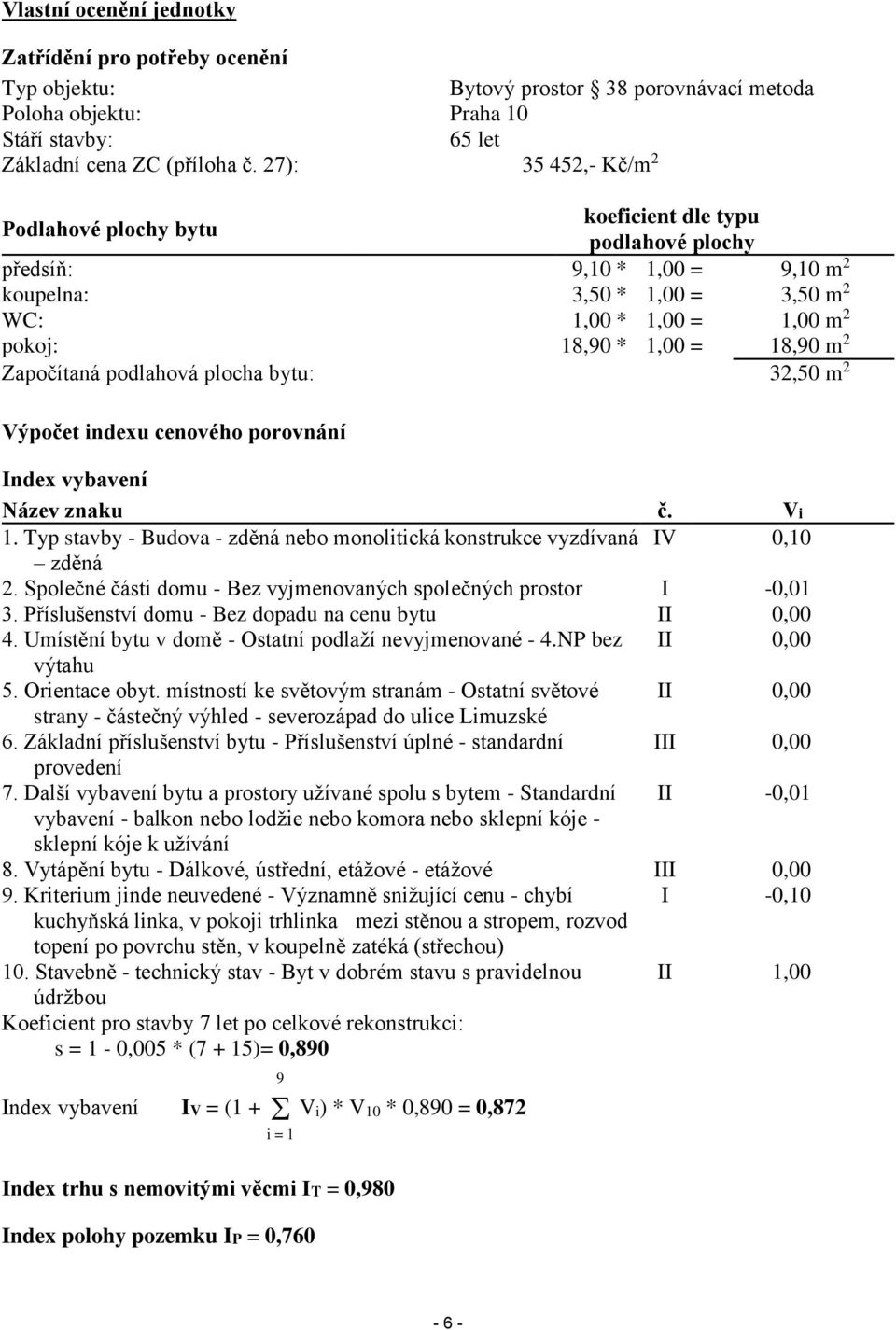 m 2 Započítaná podlahová plocha bytu: 32,50 m 2 Výpočet indexu cenového porovnání Index vybavení Název znaku č. Vi 1. Typ stavby - Budova - zděná nebo monolitická konstrukce vyzdívaná IV 0,10 zděná 2.