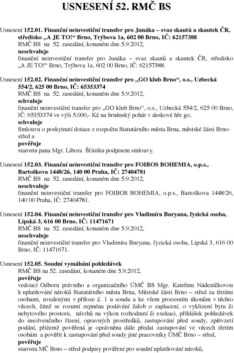 s., Uzbecká 554/2, 625 00 Brno, IČ: 65353374 finanční neinvestiční transfer pro GO klub Brno, o.s., Uzbecká 554/2, 625 00 Brno, IČ: 65353374 ve výši 5.