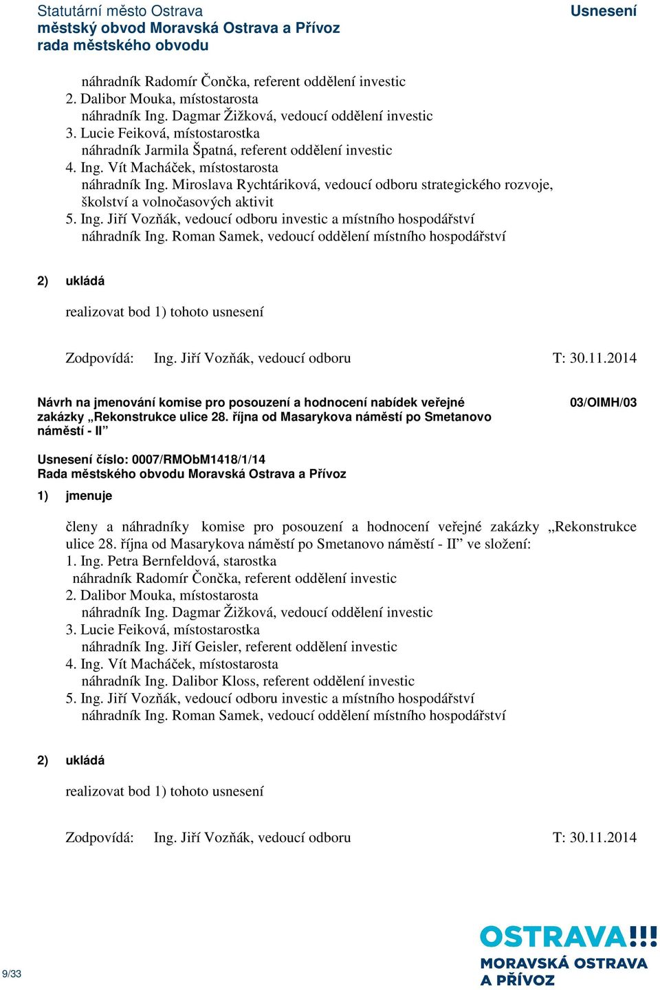 Miroslava Rychtáriková, vedoucí odboru strategického rozvoje, školství a volnočasových aktivit 5. Ing. Jiří Vozňák, vedoucí odboru investic a místního hospodářství náhradník Ing.