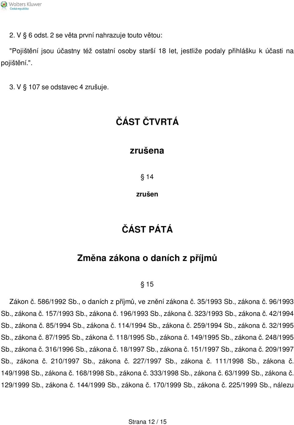 , zákona č. 196/1993 Sb., zákona č. 323/1993 Sb., zákona č. 42/1994 Sb., zákona č. 85/1994 Sb., zákona č. 114/1994 Sb., zákona č. 259/1994 Sb., zákona č. 32/1995 Sb., zákona č. 87/1995 Sb., zákona č. 118/1995 Sb.