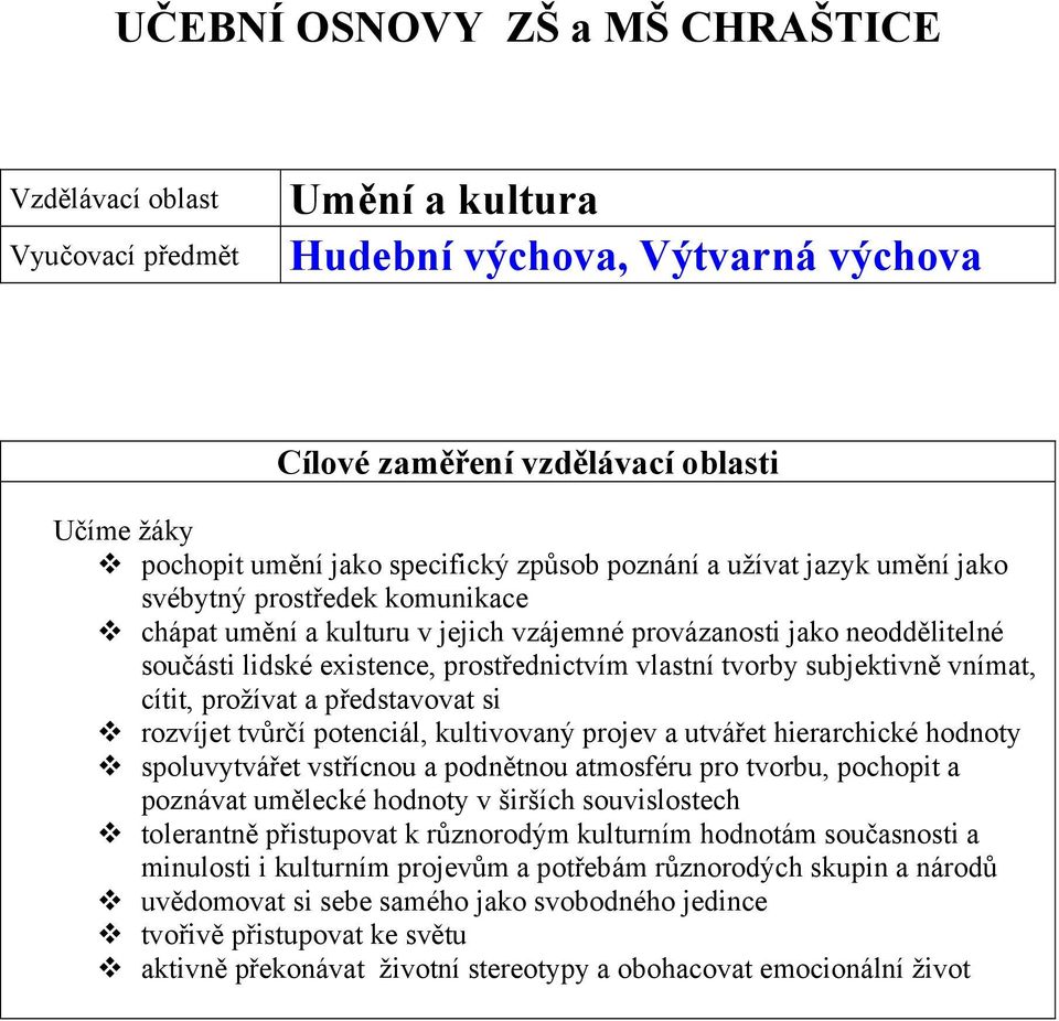 prožívat a představovat si rozvíjet tvůrčí potenciál, kultivovaný projev a utvářet hierarchické hodnoty spoluvytvářet vstřícnou a podnětnou atmosféru pro tvorbu, pochopit a poznávat umělecké hodnoty