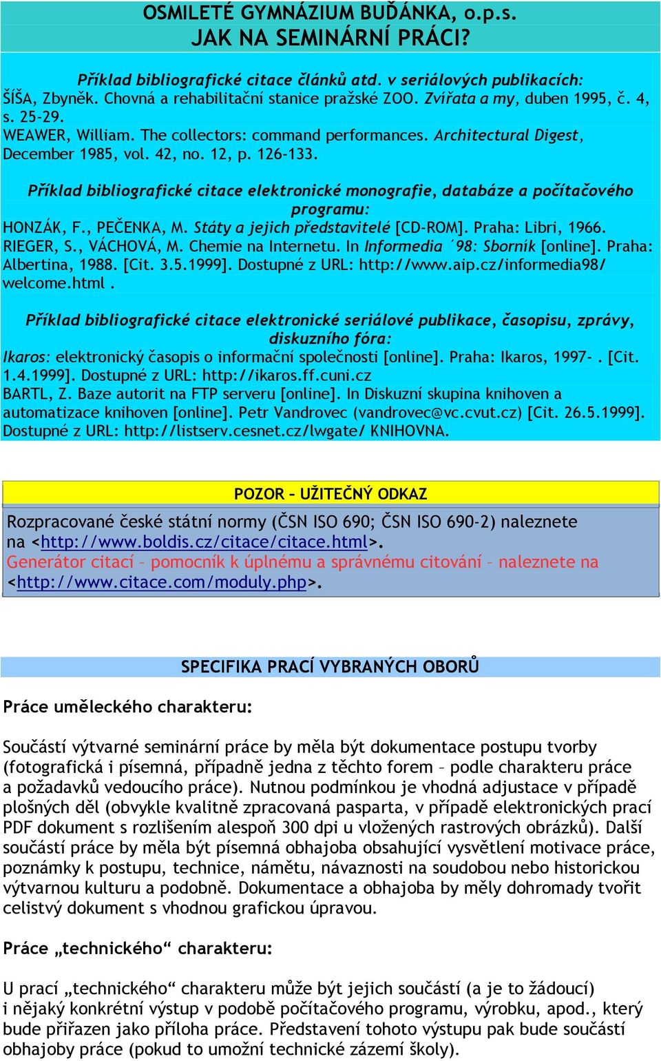 Příklad bibliografické citace elektronické monografie, databáze a počítačového programu: HONZÁK, F., PEČENKA, M. Státy a jejich představitelé [CD-ROM]. Praha: Libri, 1966. RIEGER, S., VÁCHOVÁ, M.