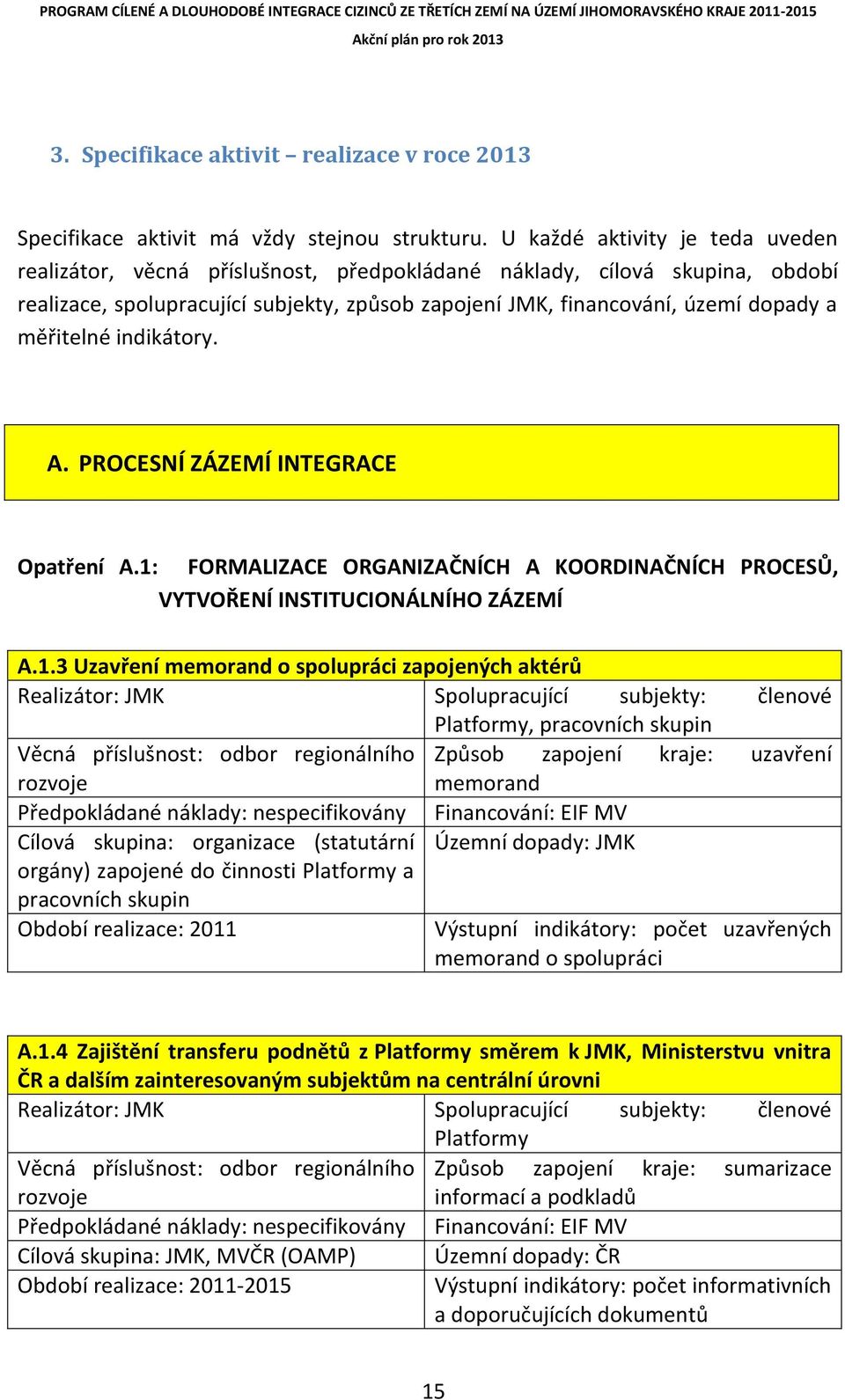 měřitelné indikátory. A. PROCESNÍ ZÁZEMÍ INTEGRACE Opatření A.1: