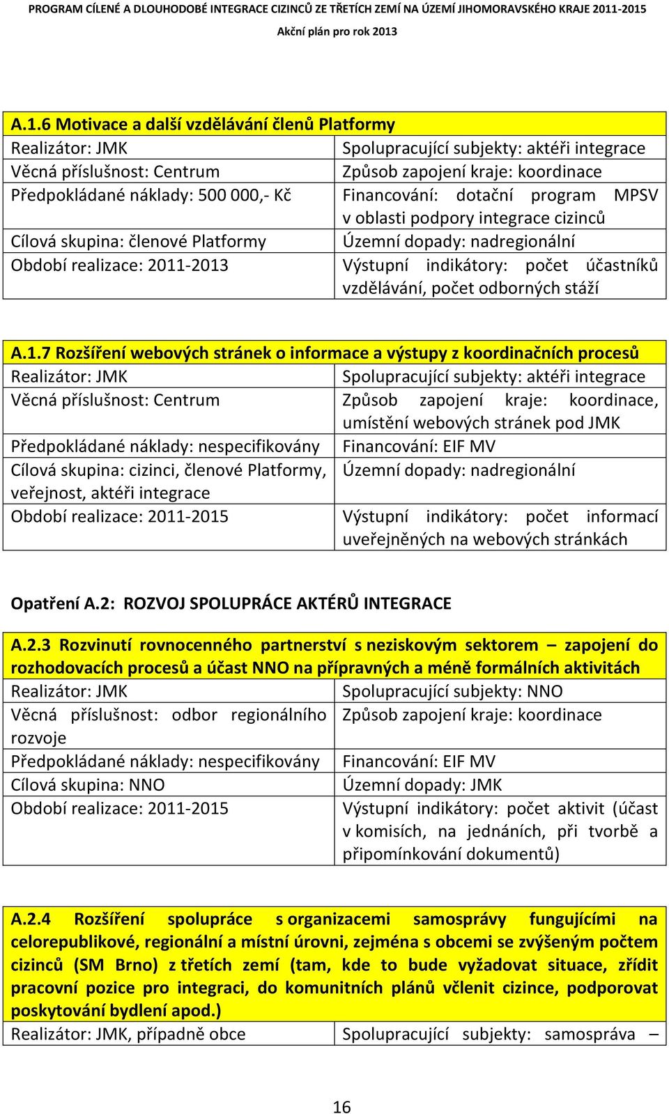 -2013 Výstupní indikátory: počet účastníků vzdělávání, počet odborných stáží A.1.7 Rozšíření webových stránek o informace a výstupy z koordinačních procesů Realizátor: JMK Spolupracující subjekty: