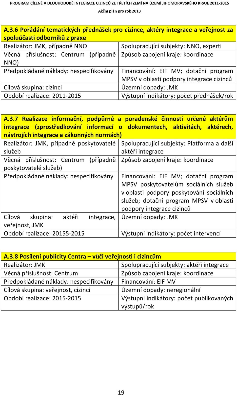 7 Realizace informační, podpůrné a poradenské činnosti určené aktérům integrace (zprostředkování informací o dokumentech, aktivitách, aktérech, nástrojích integrace a zákonných normách) Realizátor: