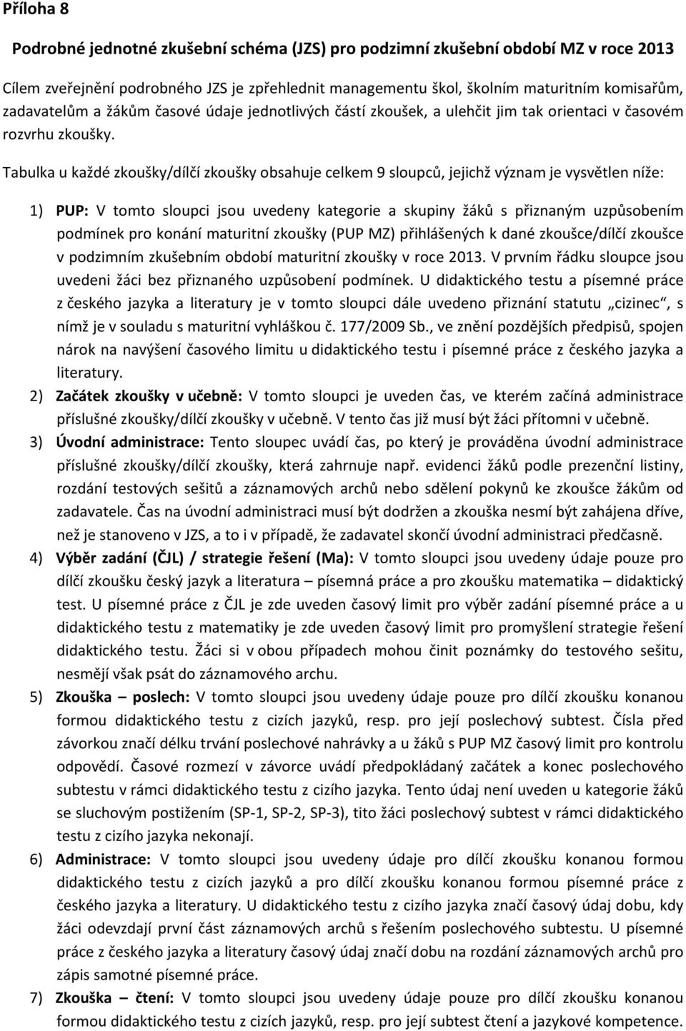 Tabulka u každé /dílčí obsahuje celkem 9 sloupců, jejichž význam je vysvětlen níže: 1) : V tomto sloupci jsou uvedeny kategorie a skupiny žáků s přiznaným uzpůsobením podmínek pro konání maturitní (