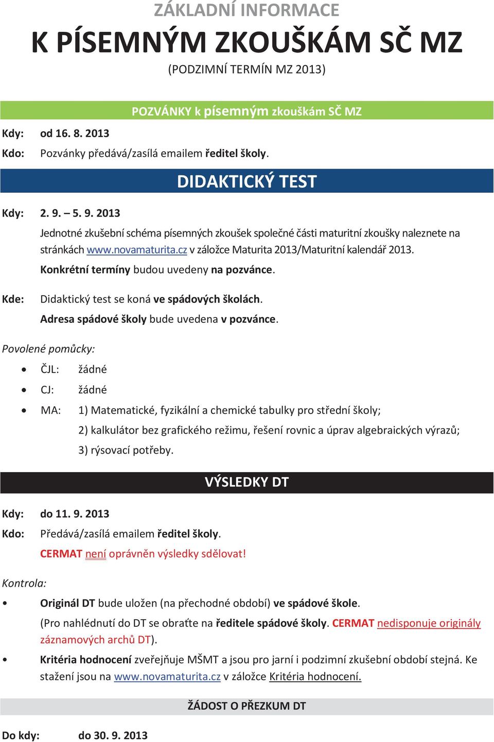 Konkrétní termíny budou uvedeny na pozvánce. Kde: Didaktický test se koná ve spádových školách. Adresa spádové školy bude uvedena v pozvánce.