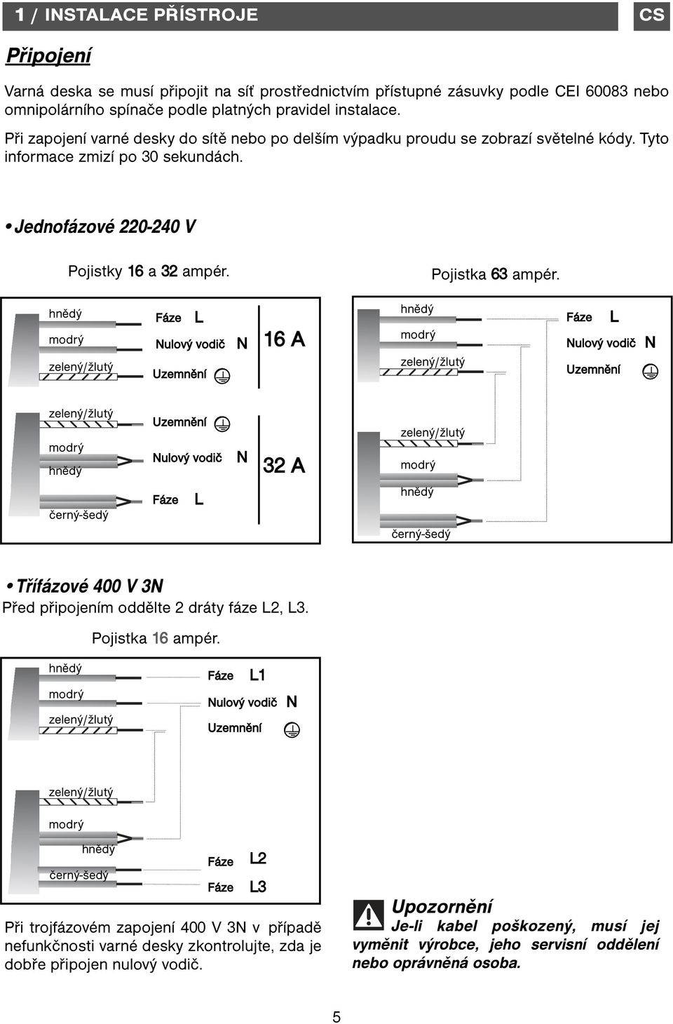 L Nulový vodič Uzemnění N 16 A L Nulový vodič N Uzemnění Uzemnění Nulový vodič N 32 A černý-šedý L černý-šedý Třífázové 400 V 3N Před připojením oddělte 2 dráty fáze L2, L3. Pojistka 16 ampér.