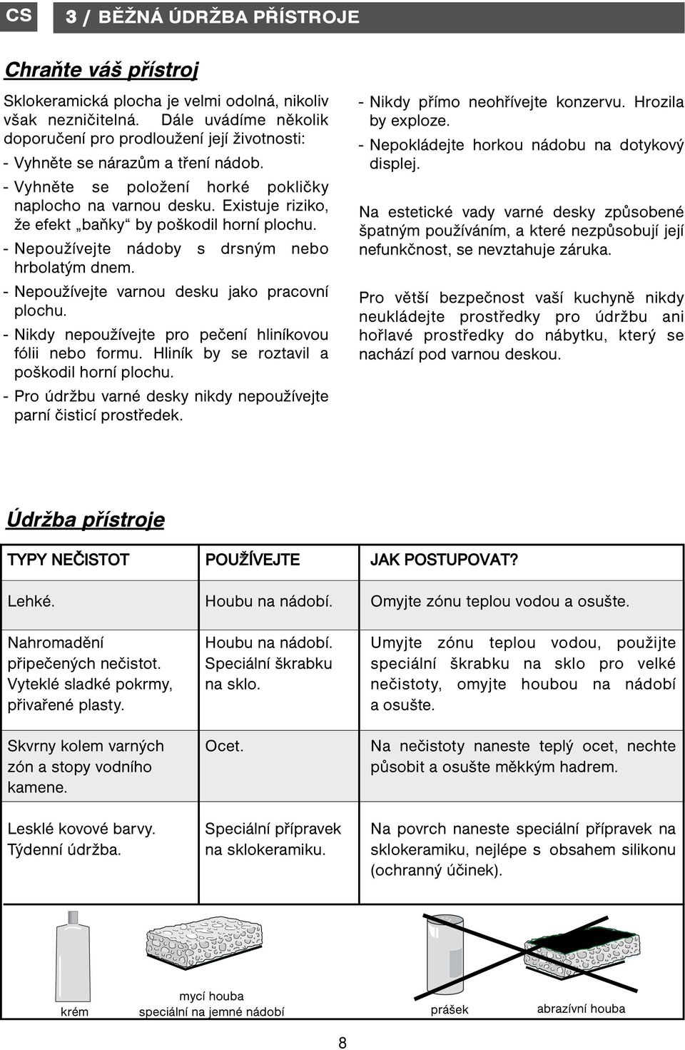 Existuje riziko, že efekt baňky by poškodil horní plochu. - Nepoužívejte nádoby s drsným nebo hrbolatým dnem. - Nepoužívejte varnou desku jako pracovní plochu.