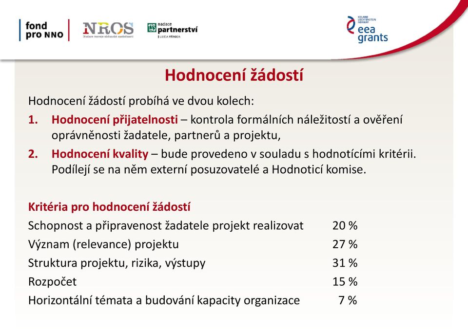 Hodnocení kvality bude provedeno v souladu s hodnotícími kritérii. Podílejí se na něm externí posuzovatelé a Hodnoticí komise.