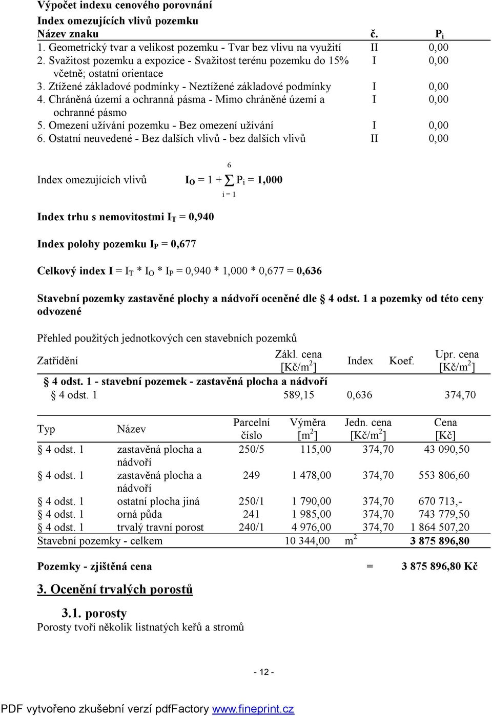 Chráněná území a ochranná pásma - Mimo chráněné území a I 0,00 ochranné pásmo 5. Omezení užívání pozemku - Bez omezení užívání I 0,00 6.