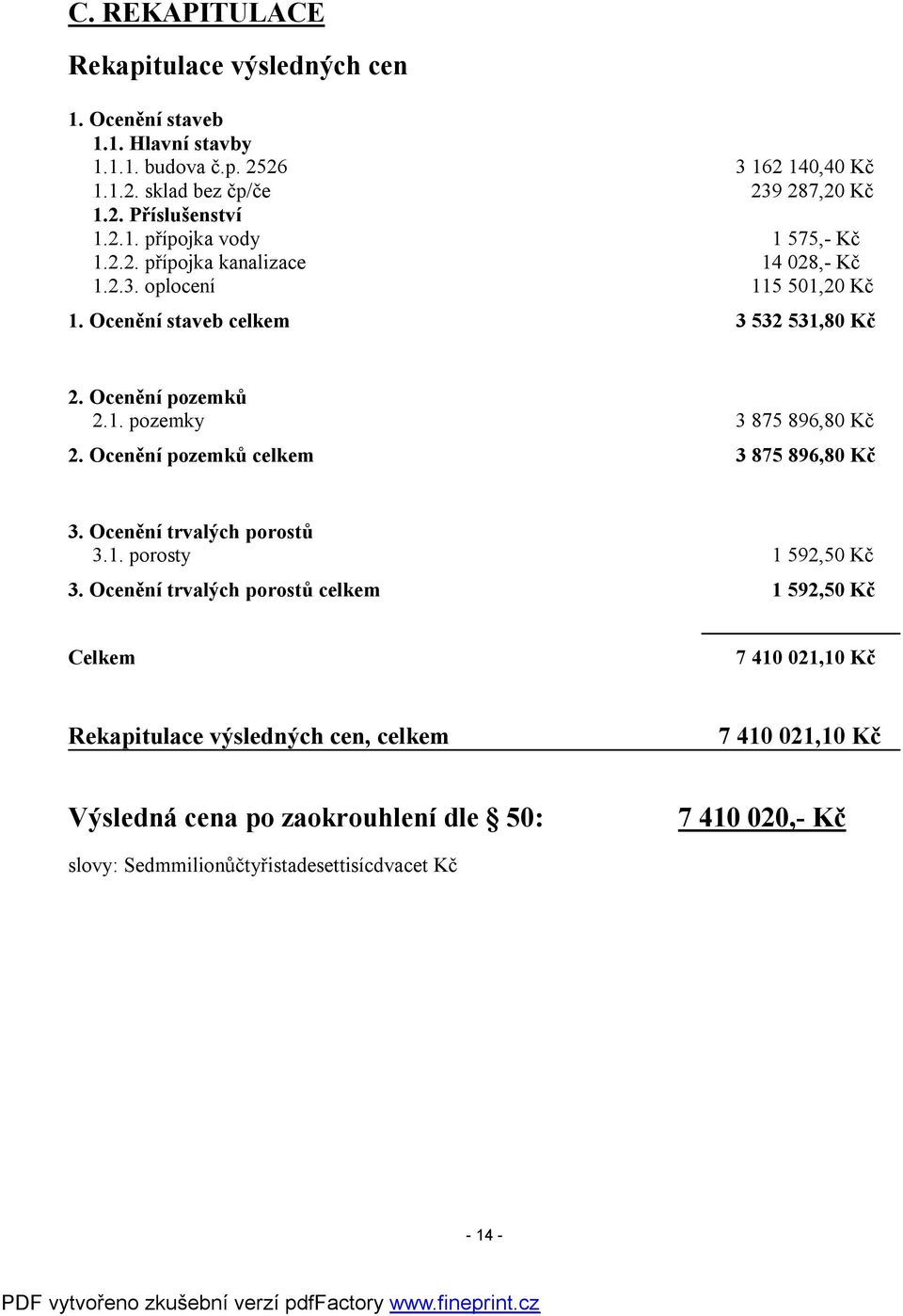 Ocenění pozemků celkem 3 875 896,80 Kč 3. Ocenění trvalých porostů 3.1. porosty 1 592,50 Kč 3.