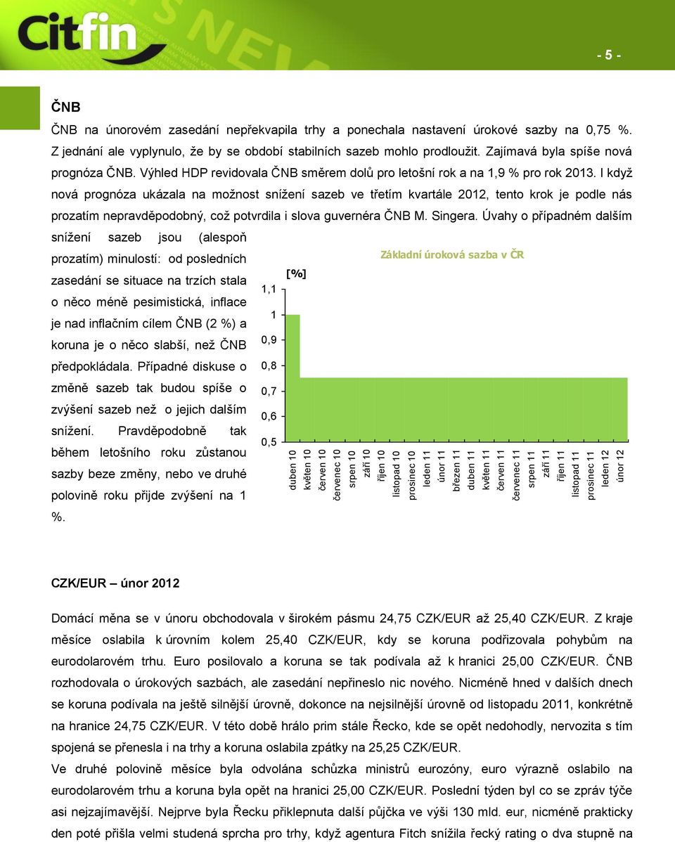 Zajímavá byla spíše nová prognóza ČNB. Výhled HDP revidovala ČNB směrem dolů pro letošní rok a na 1,9 % pro rok 2013.