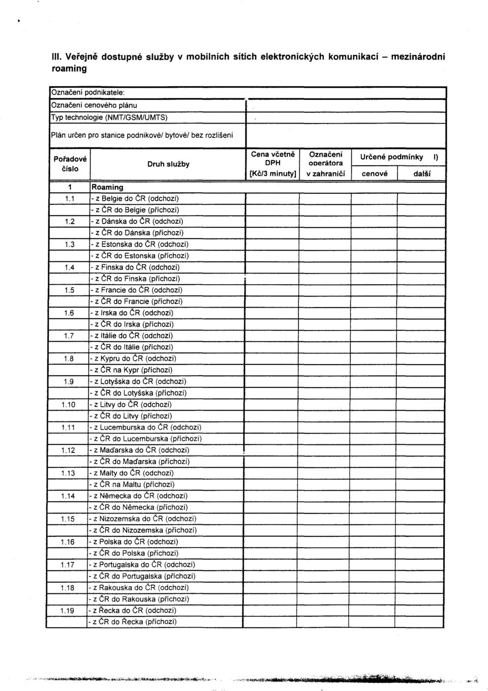 9 Oznacení Roaming - - podnikatele: z Lotyšska Francie Kypru Itálíe Finska Dánska Irska Belgie Estonska Recka Madarska Rakouska Portugalska Polska Nizozemska Nemecka Malty Lucemburska Litvy ooerátora