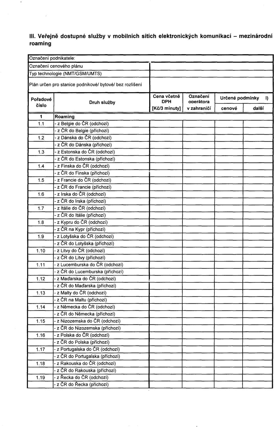6 Oznacení Roaming - - podnikatele: z Belgie Dánska Finska Estonska Francie Lotyšska Kypru Irska Itálie Madarska Lucemburska Malty Nemecka Nizozemska Portugalska Rakouska Litvy Recka Polska ooerátora