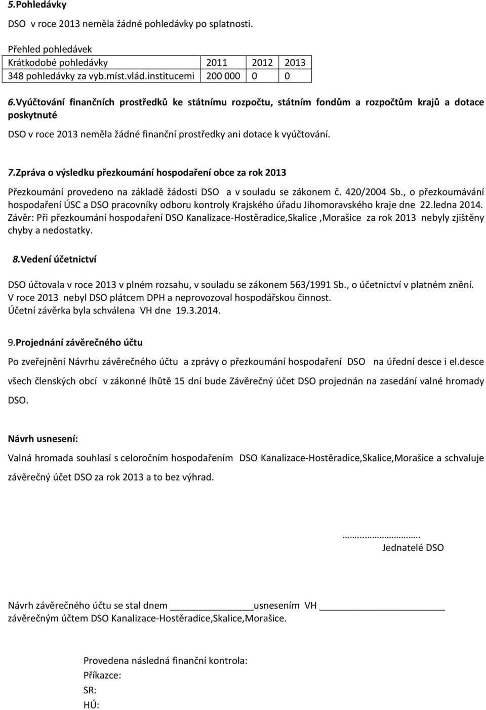 Zpráva o výsledku přezkoumání hospodaření obce za rok 2013 Přezkoumání provedeno na základě žádosti DSO a v souladu se zákonem č. 420/2004 Sb.