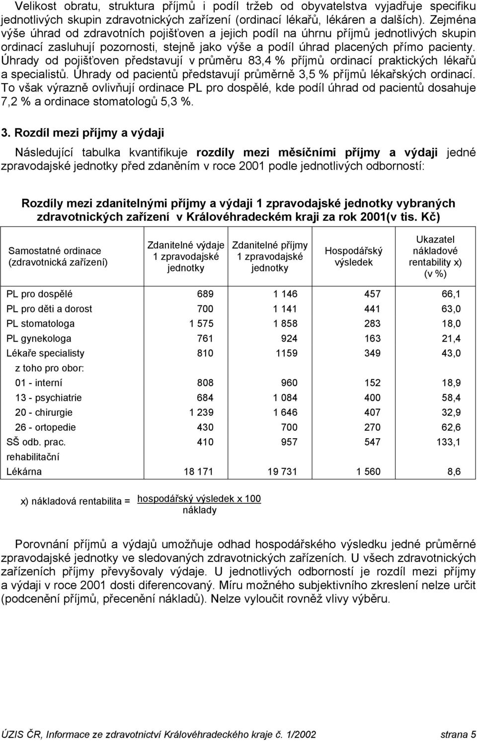 Úhrady od pojišťoven představují v průměru 83,4 % příjmů ordinací praktických lékařů a specialistů. Úhrady od pacientů představují průměrně 3,5 % příjmů lékařských ordinací.