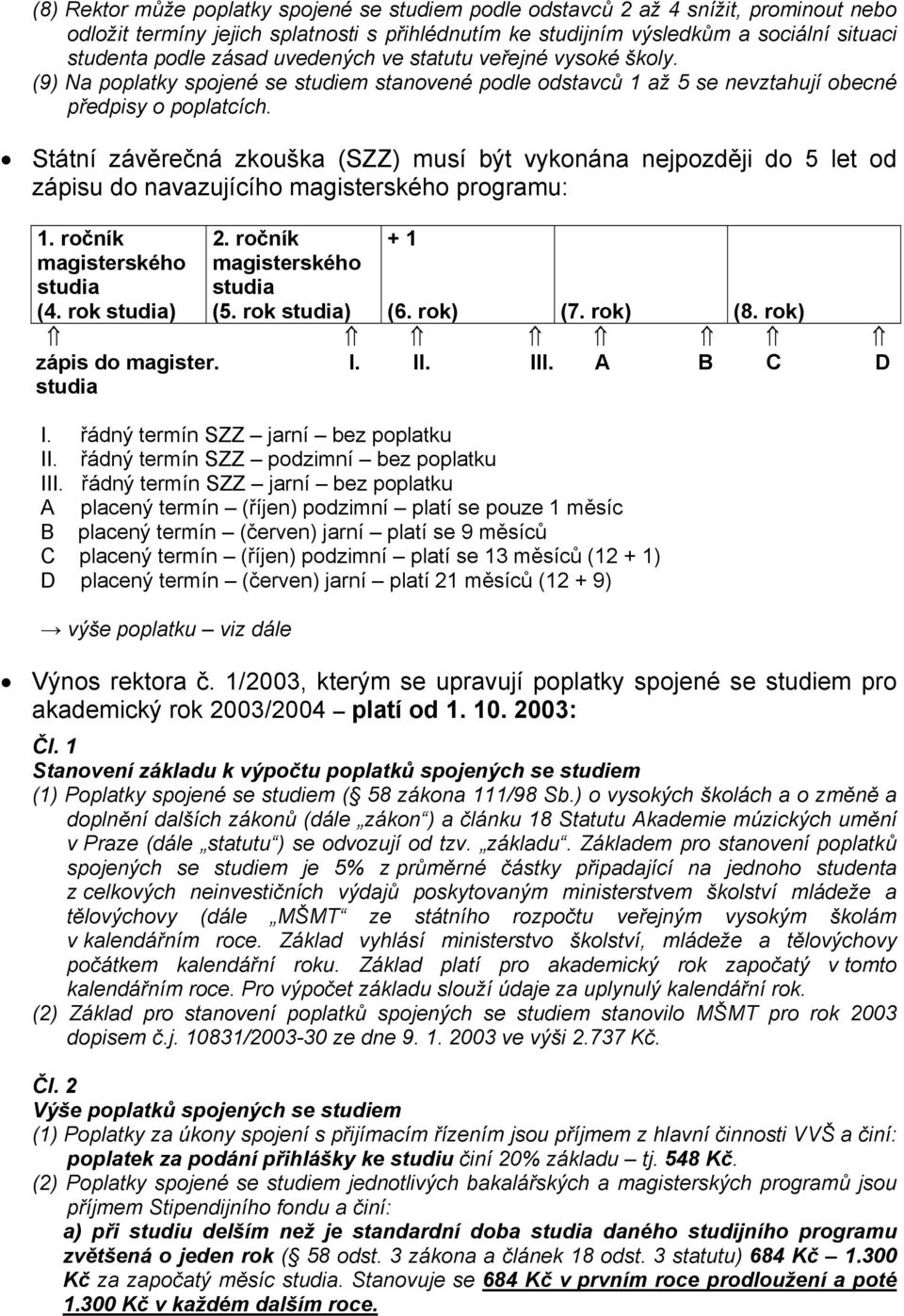 Státní závěrečná zkouška (SZZ) musí být vykonána nejpozději do 5 let od zápisu do navazujícího magisterského programu: 1. ročník magisterského studia (4. rok studia) 2. ročník magisterského studia (5.