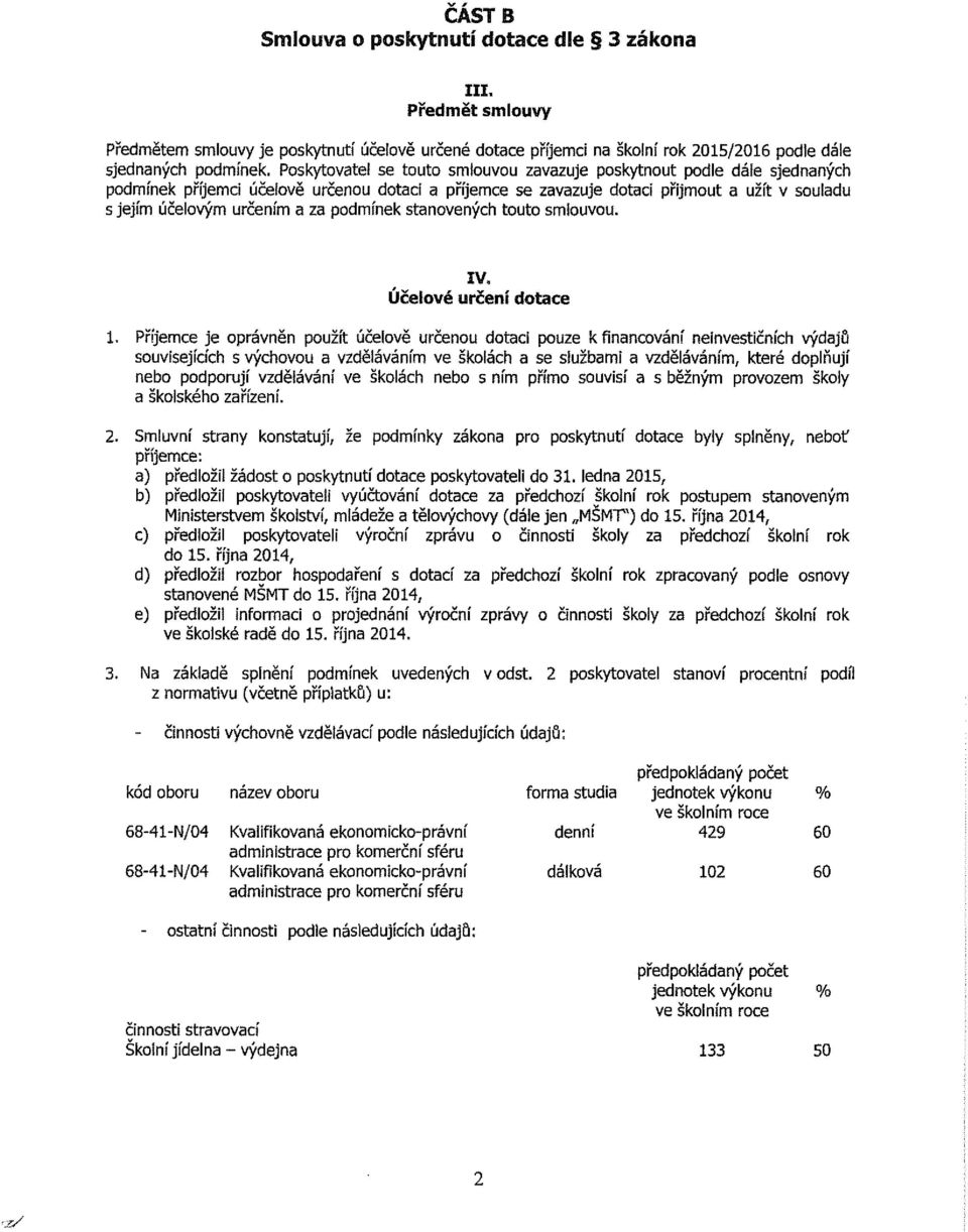 podmínek stanovených touto smlouvou. IV. Účelové určení dotace 1.