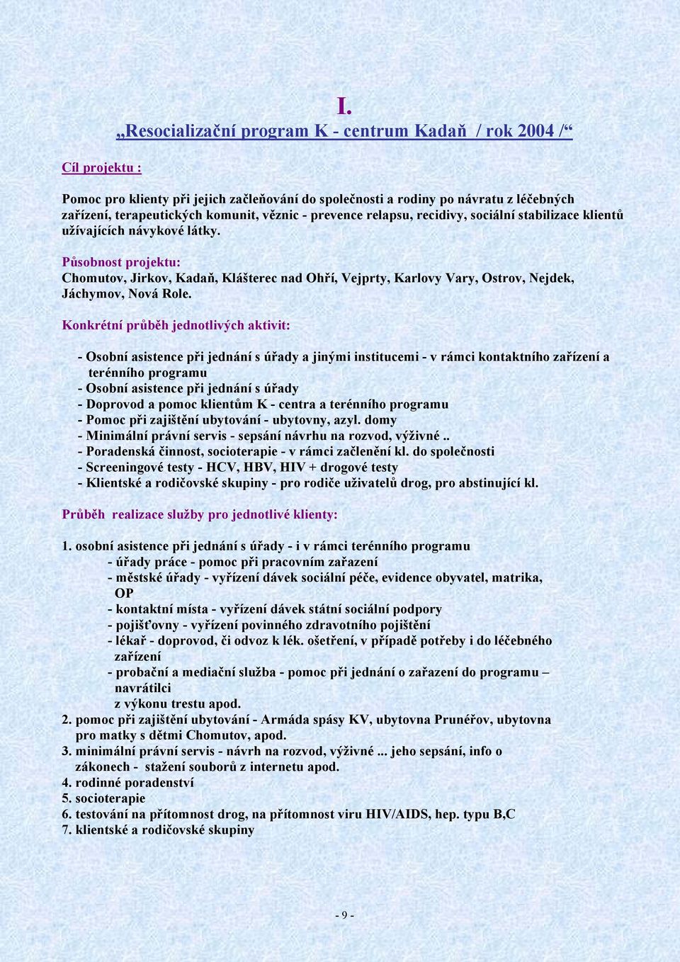 relapsu, recidivy, sociální stabilizace klientů užívajících návykové látky. Působnost projektu: Chomutov, Jirkov, Kadaň, Klášterec nad Ohří, Vejprty, Karlovy Vary, Ostrov, Nejdek, Jáchymov, Nová Role.