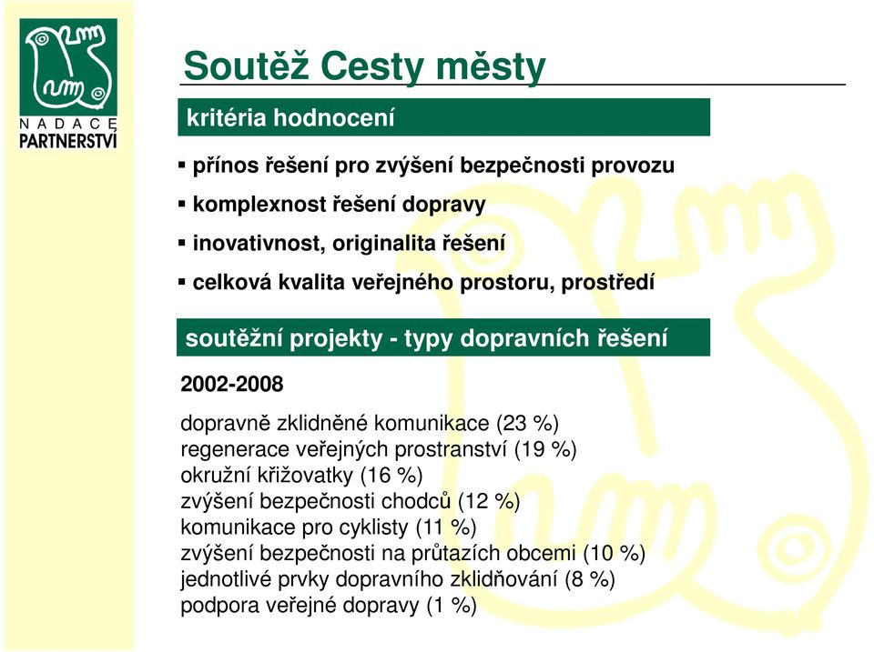 zklidněné komunikace (23 %) regenerace veřejných prostranství (19 %) okružní křižovatky (16 %) zvýšení bezpečnosti chodců (12 %)