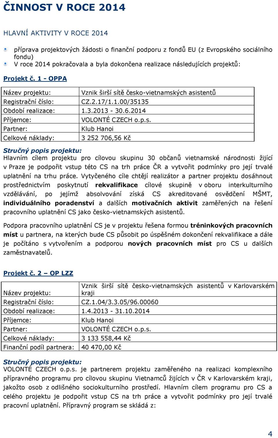 1 - OPPA Název projektu: Registrační číslo: Stručný popis projektu: Hlavním cílem projektu pro cílovou skupinu 30 občanů vietnamské národnosti žijící v Praze je podpořit vstup této CS na trh práce ČR