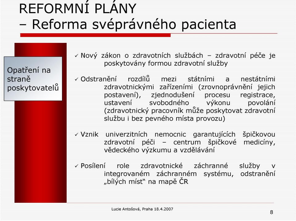 povolání (zdravotnický pracovník může poskytovat zdravotní službu i bez pevného místa provozu) Vznik univerzitních nemocnic garantujících špičkovou zdravotní péči