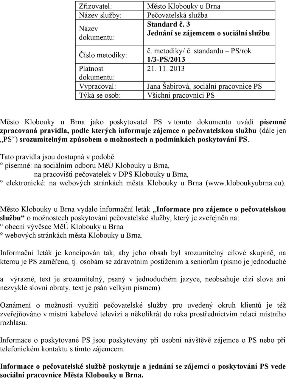 2013 Jana Šabirová, sociální pracovnice PS Všichni pracovníci PS Město Klobouky u Brna jako poskytovatel PS v tomto dokumentu uvádí písemně zpracovaná pravidla, podle kterých informuje zájemce o