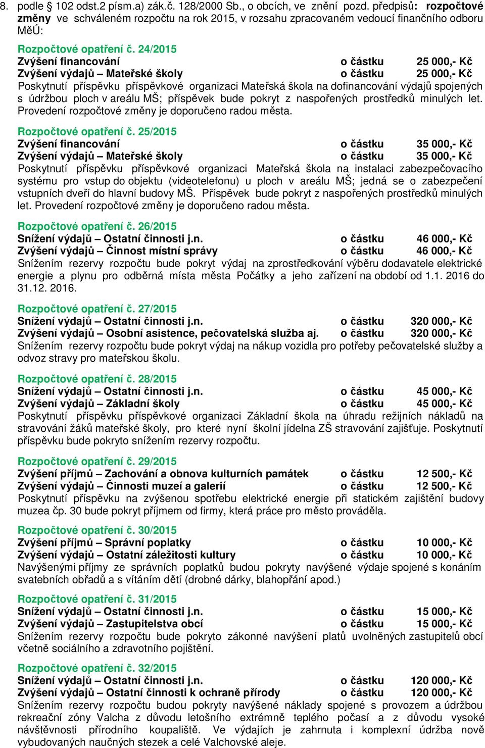 24/2015 Zvýšení financování o částku 25 000,- Kč Zvýšení výdajů Mateřské školy o částku 25 000,- Kč Poskytnutí příspěvku příspěvkové organizaci Mateřská škola na dofinancování výdajů spojených s