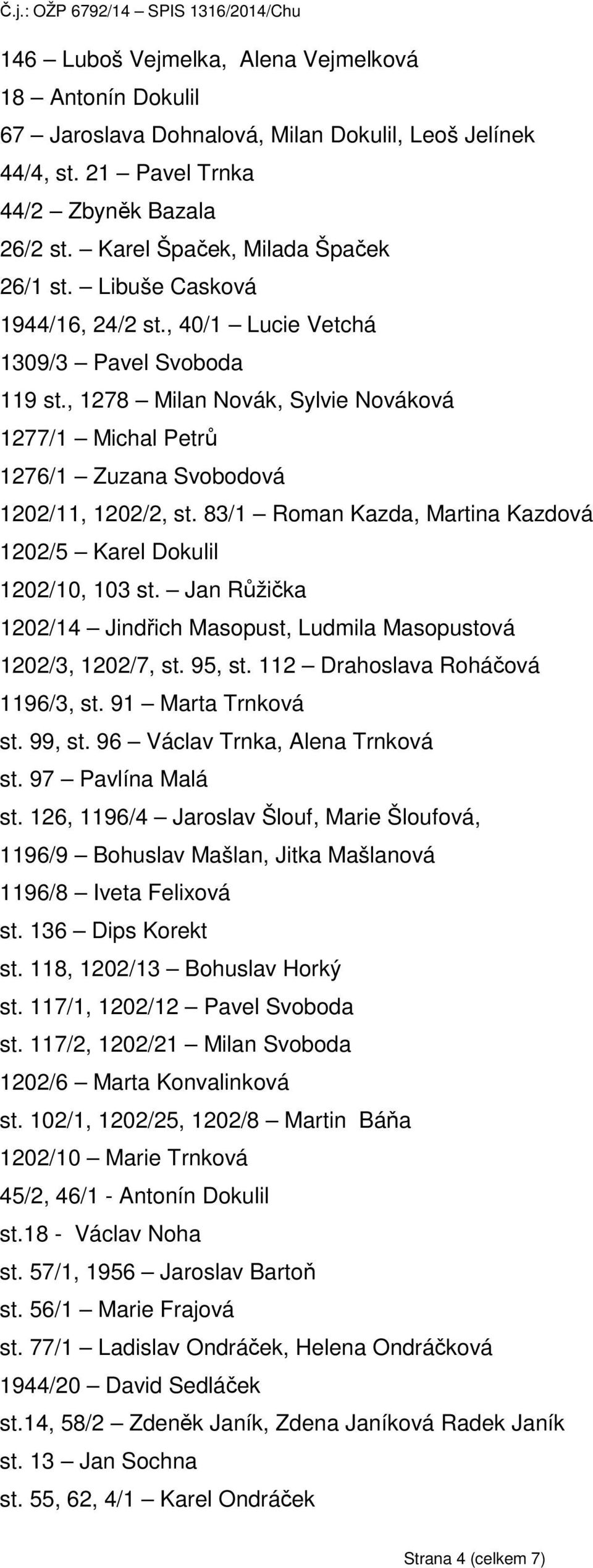 83/1 Roman Kazda, Martina Kazdová 1202/5 Karel Dokulil 1202/10, 103 st. Jan Růžička 1202/14 Jindřich Masopust, Ludmila Masopustová 1202/3, 1202/7, st. 95, st. 112 Drahoslava Roháčová 1196/3, st.