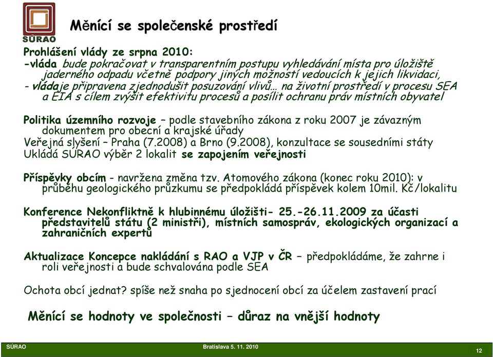 Politika územního rozvoje podle stavebního zákona z roku 2007 je závazným dokumentem pro obecní a krajské úřady Veřejná slyšení Praha (7.2008) a Brno (9.