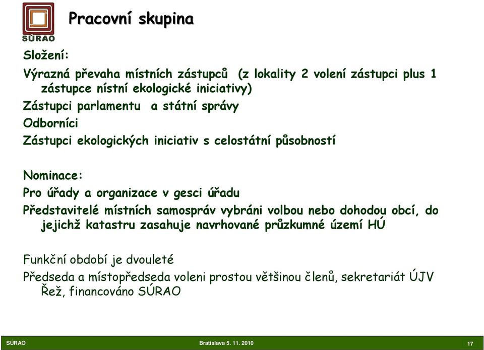 gesci úřadu Představitelé místních samospráv vybráni volbou nebo dohodou obcí, do jejichž katastru zasahuje navrhované průzkumné území HÚ