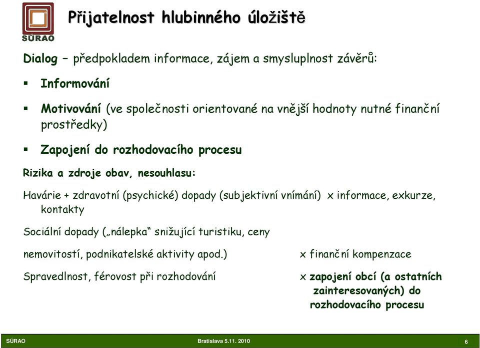 (subjektivní vnímání) x informace, exkurze, kontakty Sociální dopady ( nálepka snižující turistiku, ceny nemovitostí, podnikatelské aktivity apod.