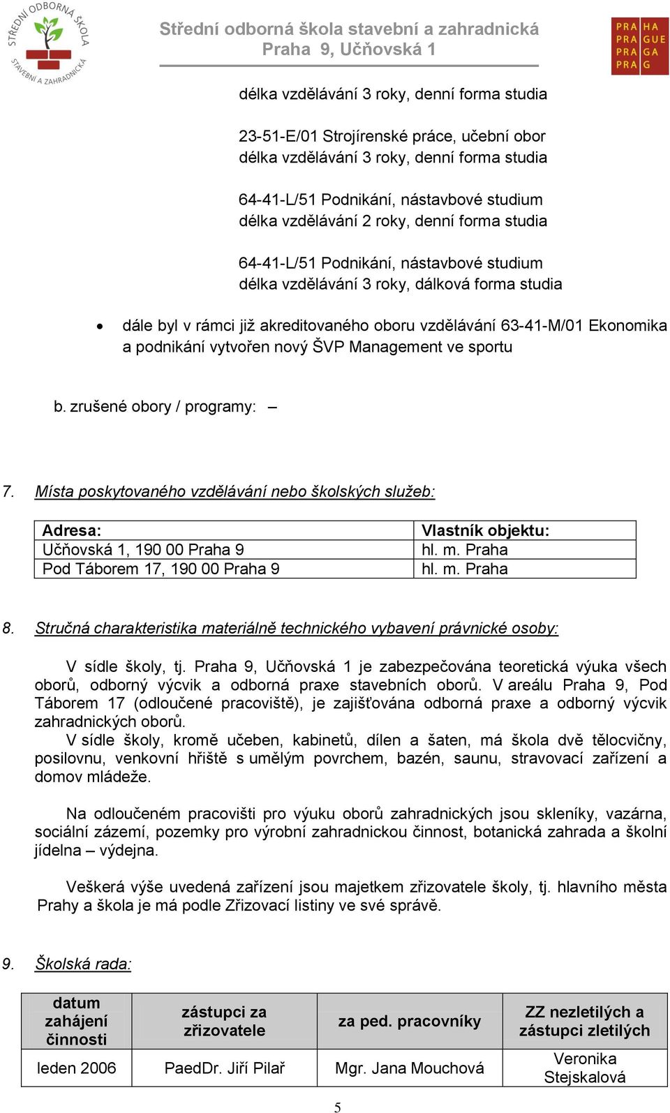 vytvořen nový ŠVP Management ve sportu b. zrušené obory / programy: 7.