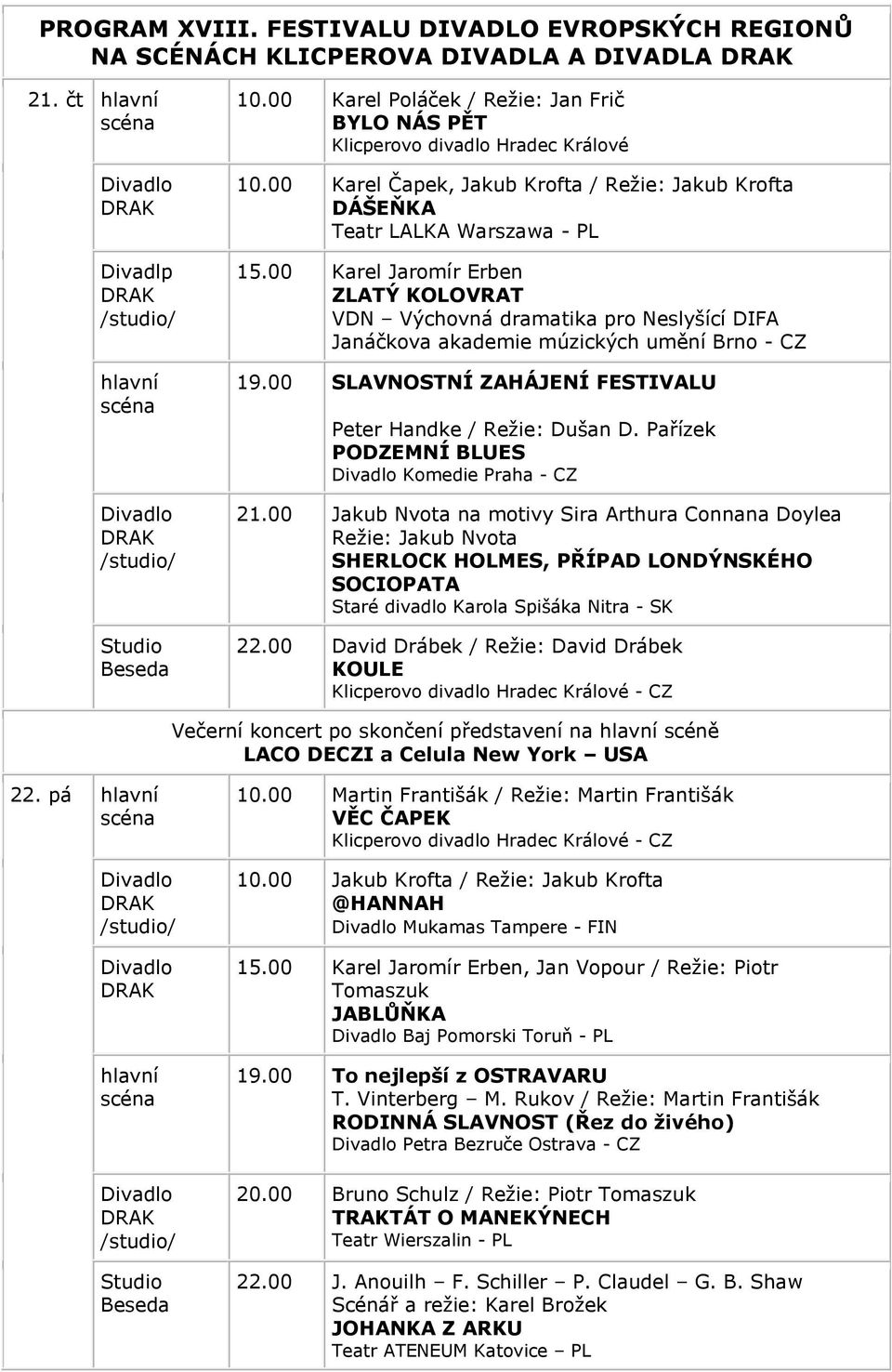 00 Karel Jaromír Erben ZLATÝ KOLOVRAT VDN Výchovná dramatika pro Neslyšící DIFA Janáčkova akademie múzických umění Brno - CZ 19.00 SLAVNOSTNÍ ZAHÁJENÍ FESTIVALU Peter Handke / Režie: Dušan D.