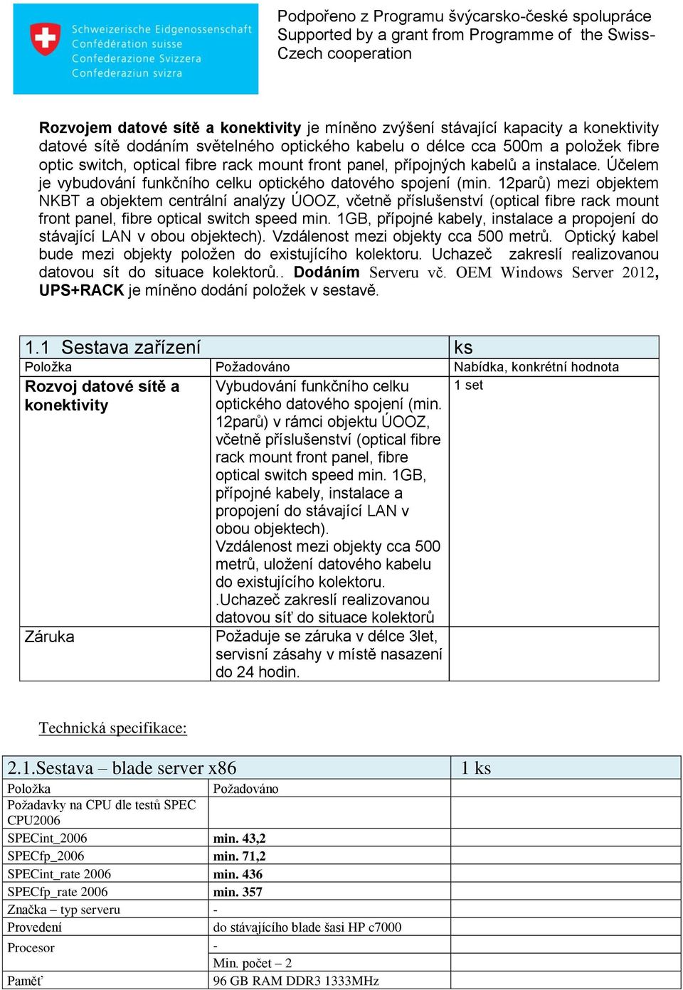 12parů) mezi objektem NKBT a objektem centrální analýzy ÚOOZ, včetně příslušenství (optical fibre rack mount front panel, fibre optical switch speed min.