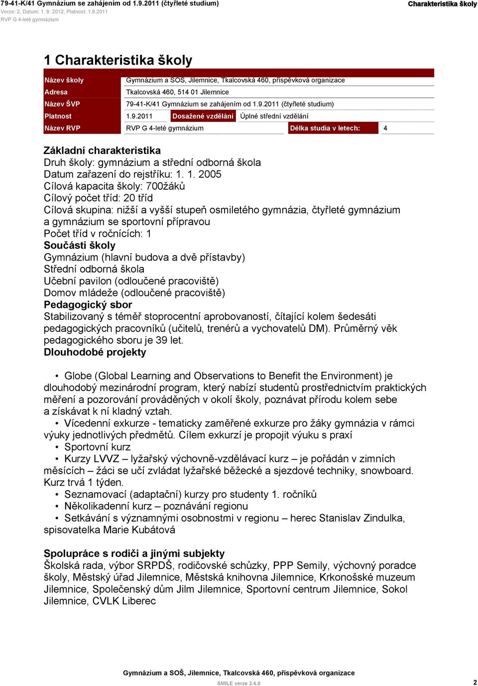 2011 (čtyřleté studium) Charakteristika školy 1 Charakteristika školy Název školy Adresa Název ŠVP Platnost Název RVP Tkalcovská 460, 514 01 Jilemnice 79-