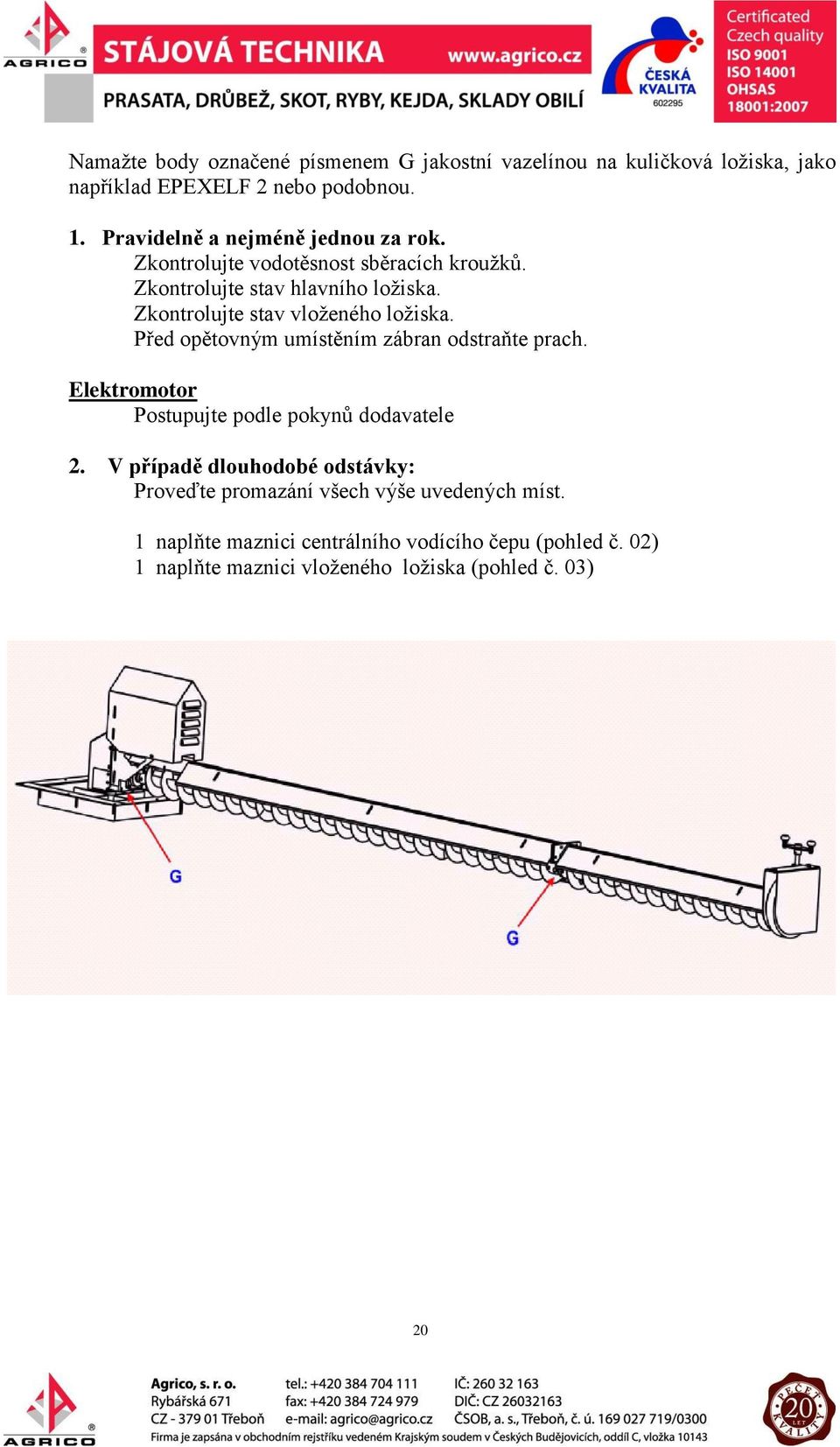 Zkontrolujte stav vloženého ložiska. Před opětovným umístěním zábran odstraňte prach. Elektromotor Postupujte podle pokynů dodavatele 2.