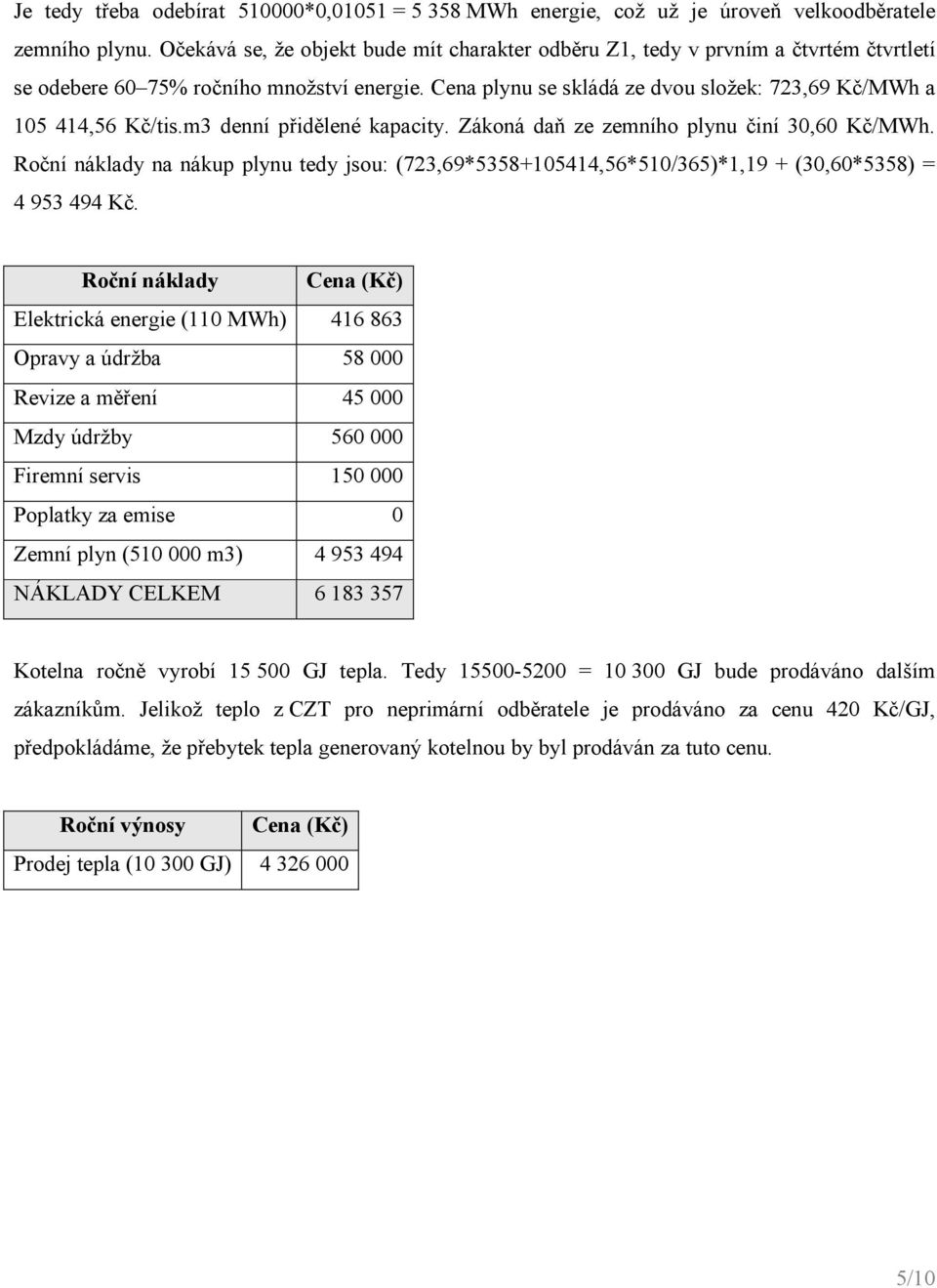 m3 denní přdělené kapacty. Zákoná daň ze zemního plynu ční 30,60 Kč/MWh. Roční náklady na nákup plynu tedy jsou: (723,69*5358+105414,56*510/365)*1,19 + (30,60*5358) = 4 953 494 Kč.