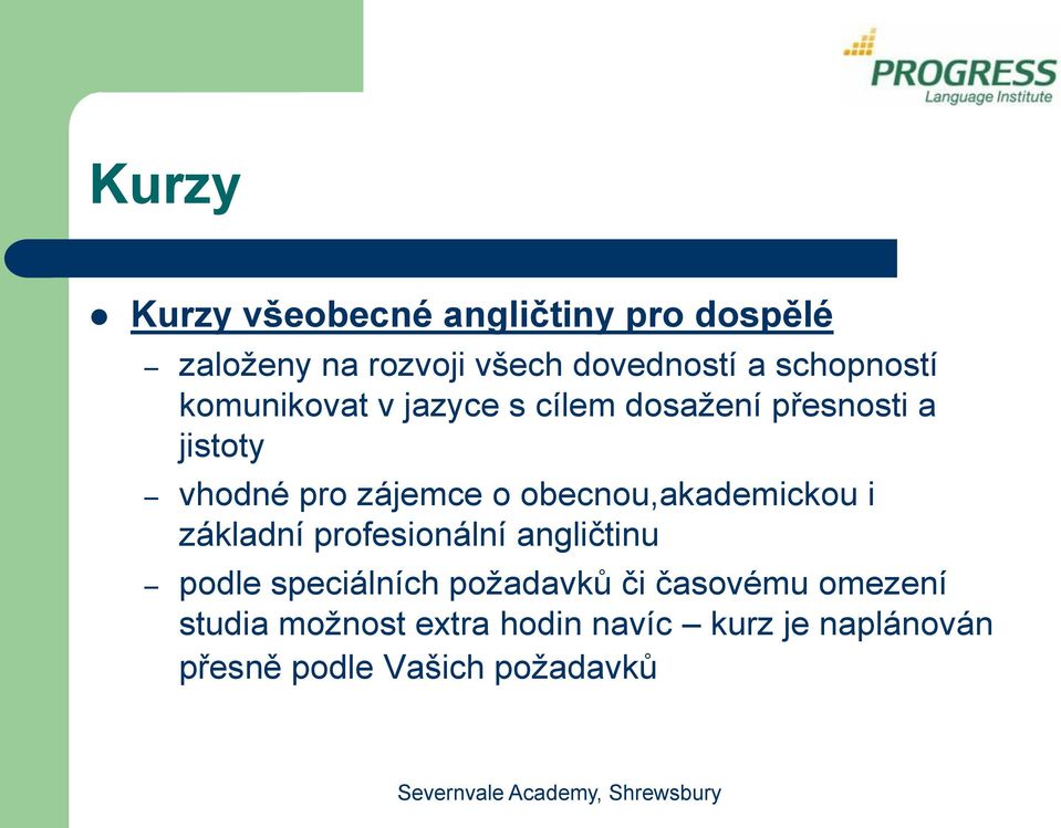 obecnou,akademickou i základní profesionální angličtinu podle speciálních požadavků či