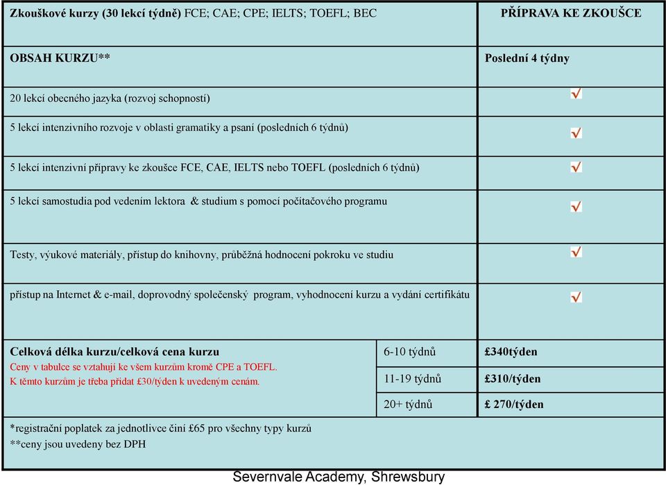 počítačového programu Testy, výukové materiály, přístup do knihovny, průběžná hodnocení pokroku ve studiu přístup na Internet & e-mail, doprovodný společenský program, vyhodnocení kurzu a vydání