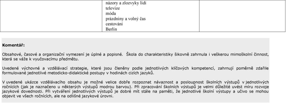 Uvedené výchovné a vzdělávací strategie, které jsou členěny podle jednotlivých klíčových kompetencí, zahrnují poměrně zdařile formulované jednotlivé metodicko-didaktické postupy v hodinách cizích