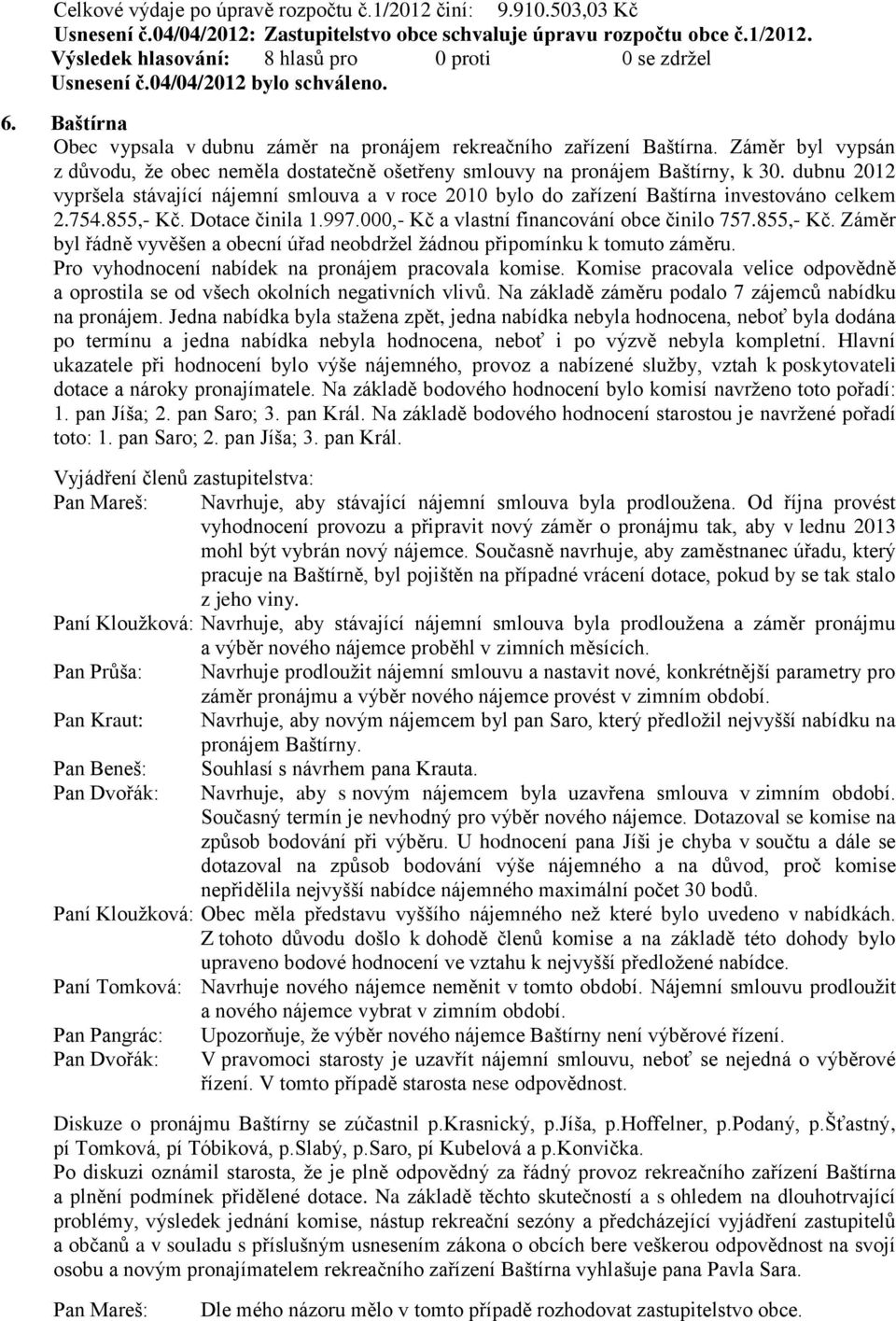 dubnu 2012 vypršela stávající nájemní smlouva a v roce 2010 bylo do zařízení Baštírna investováno celkem 2.754.855,- Kč.