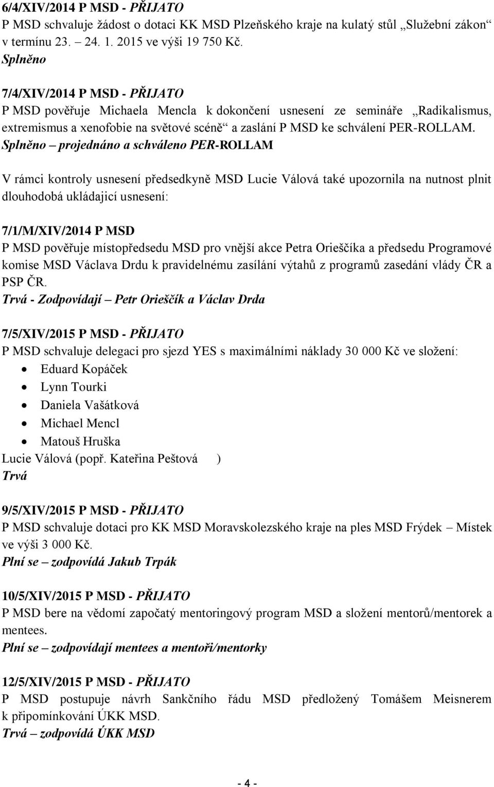 Splněno projednáno a schváleno PER-ROLLAM V rámci kontroly usnesení předsedkyně MSD Lucie Válová také upozornila na nutnost plnit dlouhodobá ukládajicí usnesení: 7/1/M/XIV/2014 P MSD P MSD pověřuje